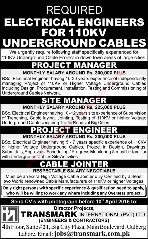 Transmark International (Pvt.) Ltd Lahore Jobs 2015 April for Electrical Engineers & Cable Jointer