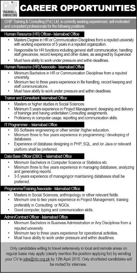 Chip Training and Consulting Islamabad Jobs 2015 April Human Resource, IT & Admin Staff