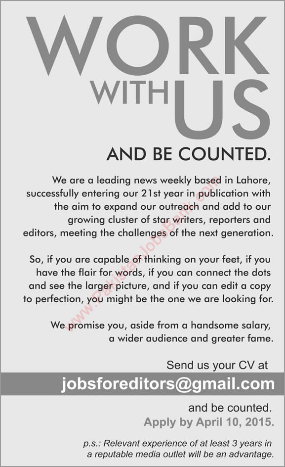 Writers, Reporters & Editors Jobs in Lahore 2015 April for News Weekly / Magazine