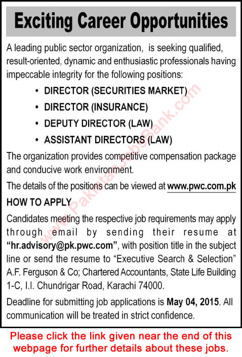 SECP Jobs 2015 April Directors at Securities and Exchange Commission of Pakistan through PWC