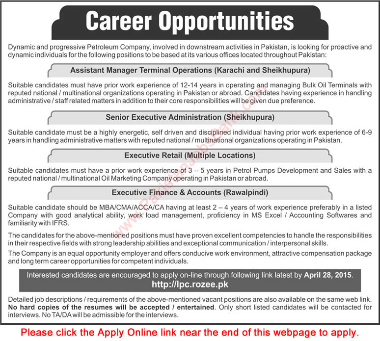 Oil and Gas Jobs in Pakistan April 2015 Admin / Sales / Accounts Executive & Manager Terminal Operations