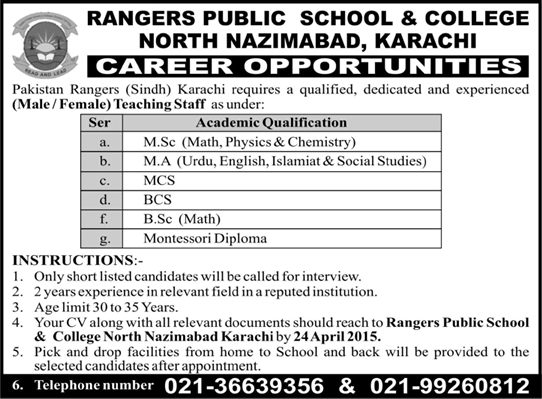 Rangers Public School and College Karachi Jobs 2015 April Teaching Faculty Latest