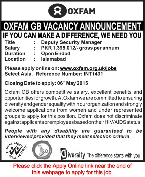 Oxfam GB Pakistan Jobs 2015 April / May for Islamabad based Deputy Security Manager Apply Online