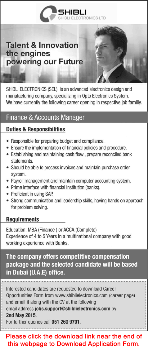 Shibli Electronics Dubai Jobs 2015 April / May Finance & Accounts Manager Application Form Latest