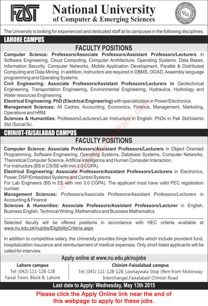 Teaching Faculty Jobs in FAST National University 2015 May Lahore / Faisalabad-Chiniot Apply Online
