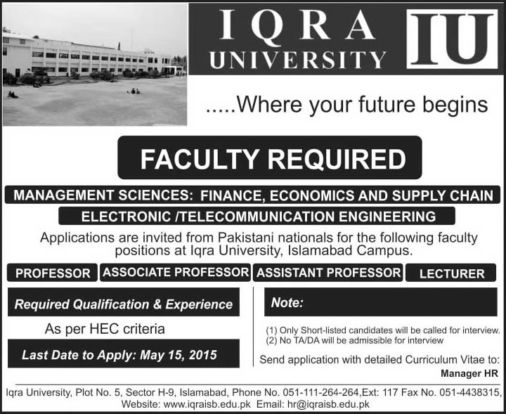 Iqra University Islamabad Jobs 2015 May for Teaching Faculty Latest