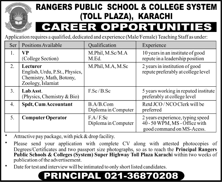 Rangers Public School Karachi Jobs 2015 May Lecturers, Computer Operator & Other Admin Staff