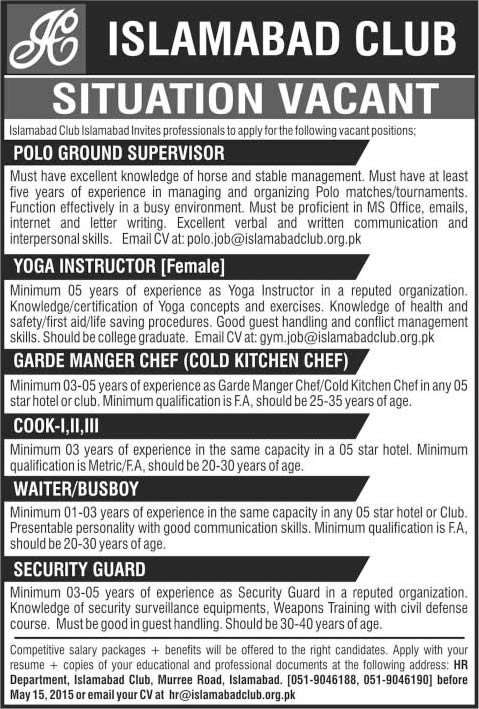 Islamabad Club Jobs 2015 May Cooks, Yoga Instructor, Waiter, Polo Ground Supervisor & Security Guard