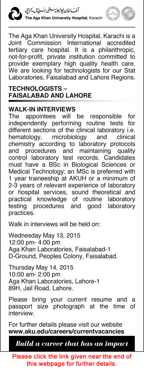 Medical Technologist Jobs in Faisalabad / Lahore 2015 May Aga Khan University Hospital Laboratories
