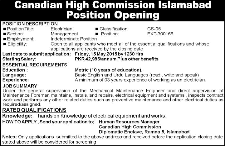 Electrician Jobs in Canadian High Commission Islamabad 2015 May Latest Advertisement