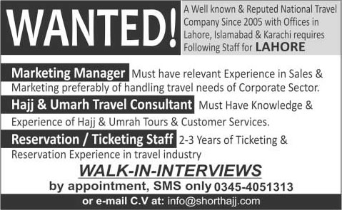 Marketing Manager, Travel Consultant & Ticketing Staff Jobs in Lahore 2015 May in a Travel Company