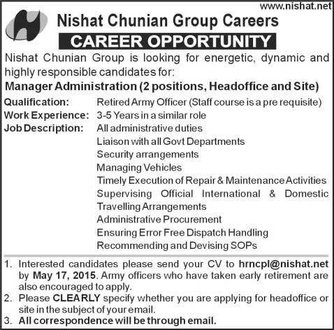Admin Manager Jobs in Nishat Chunian Group 2015 May Latest