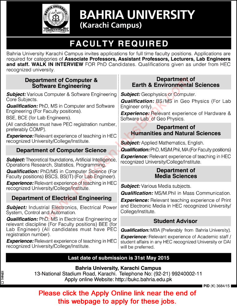 Teaching Faculty Jobs in Bahria University Karachi Campus 2015 May Apply Online Latest
