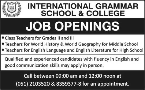 Teaching Jobs in International Grammar School & College Islamabad 2015 May Latest