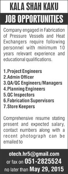 Petrosin Ravi Industries Kala Shah Kaku Jobs 2015 May Engineers, Quality & Admin Staff
