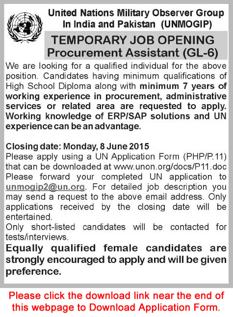 Procurement Assistant Jobs in UNMOGIP 2015 May Application Form Download
