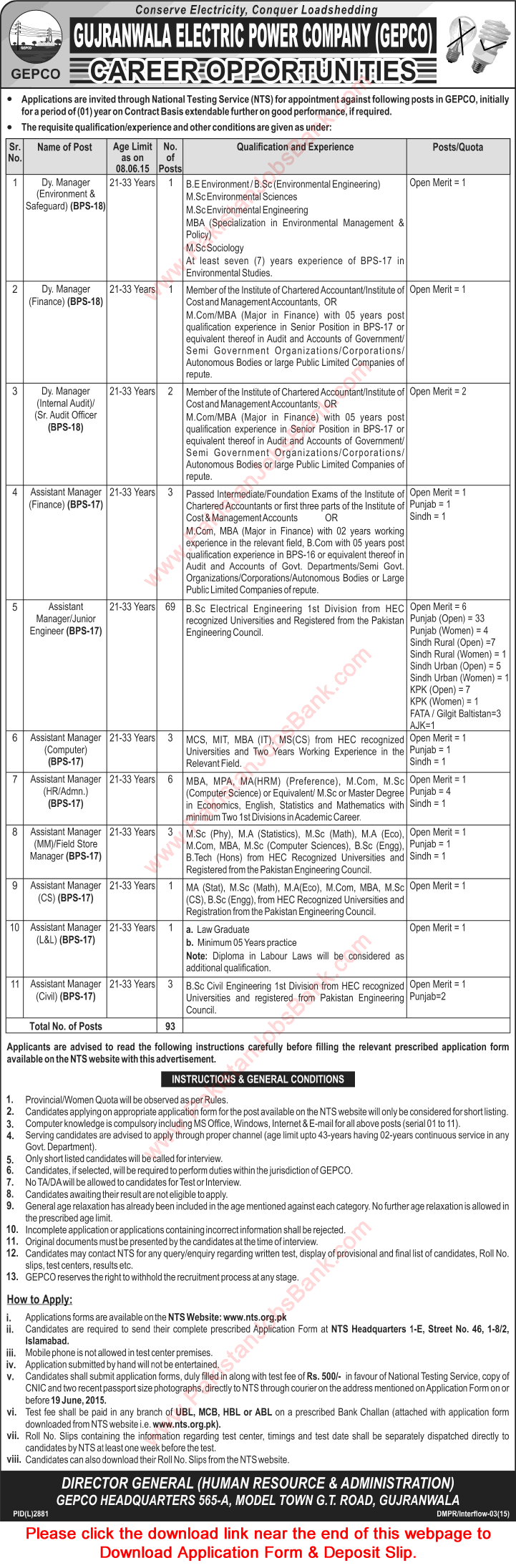 GEPCO Jobs May 2015 Junior Engineers & Assistant Managers NTS Application Form WAPDA Latest