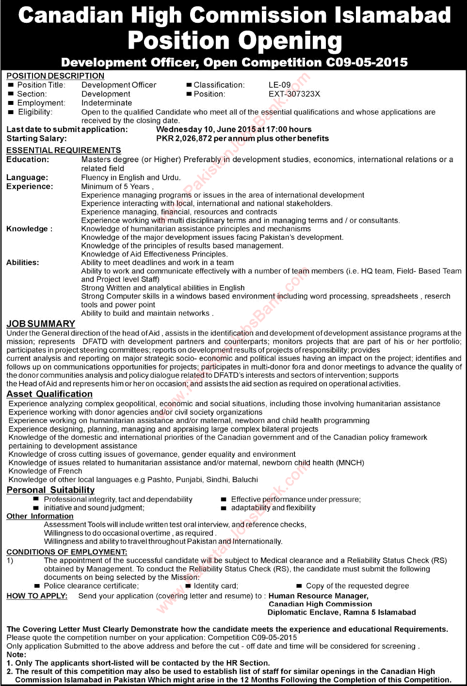 Canadian High Commission Islamabad Careers 2015 June Development Officer Latest