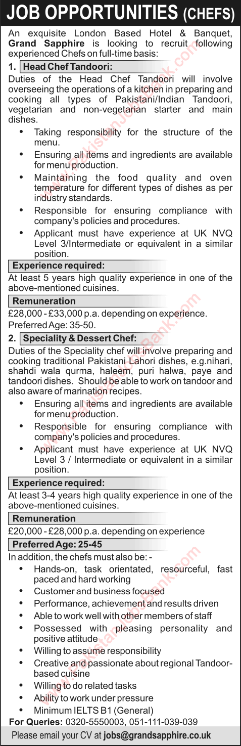 Cook / Chefs Jobs in London 2015 June for Pakistanis at Grand Sapphire Hotel & Banquet