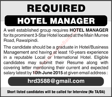 Hotel Manager Jobs in Rawalpindi 2015 June Latest
