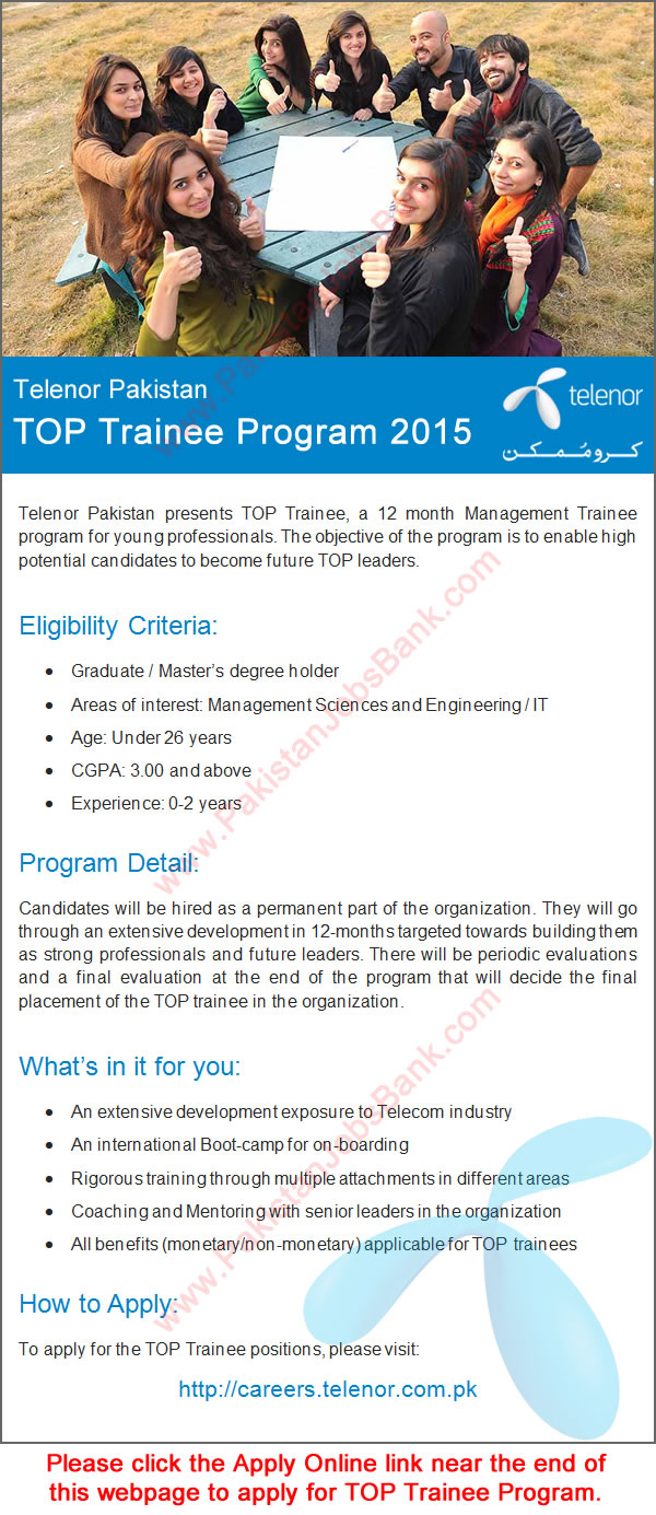 Telenor Pakistan Top Trainee Program 2015 Apply Online Management Trainee Officers