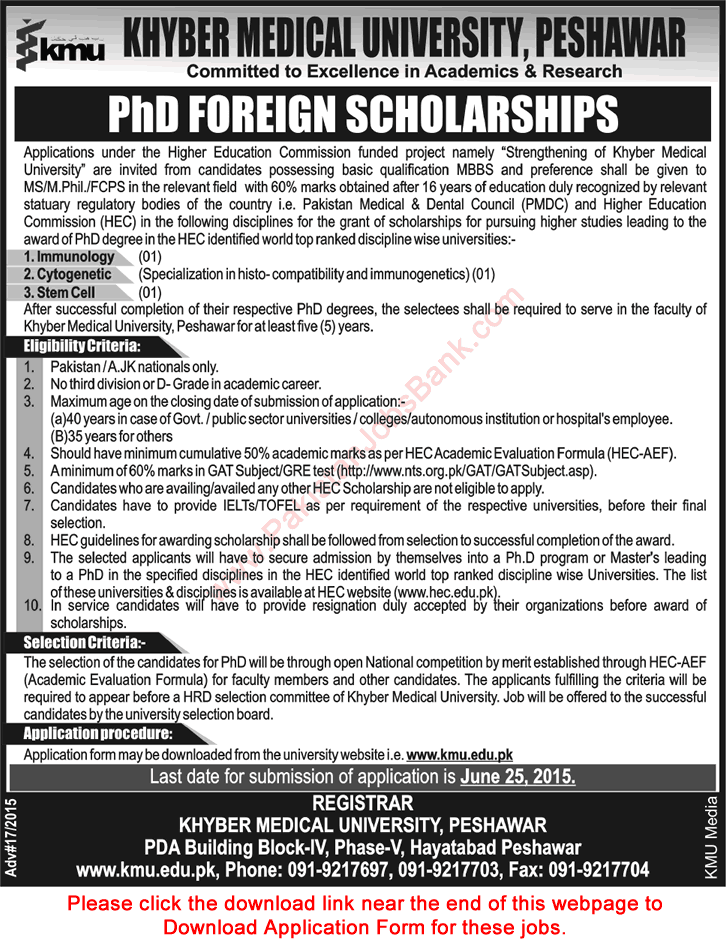Khyber Medical University Peshawar PhD Foreign Scholarships 2015 June Application Form Download