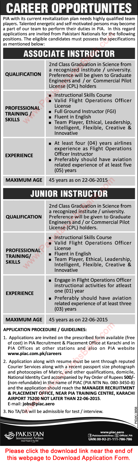 PIA Jobs June 2015 Associate / Junior Instructors Application Form Download