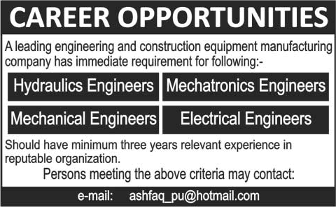 Hydraulics / Mechatronics / Mechanical / Electrical Engineering Jobs in Lahore 2015 June Latest