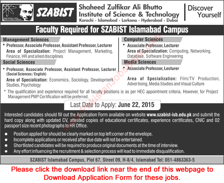 SZABIST Islamabad Jobs 2015 June Teaching Faculty Application Form Download Latest