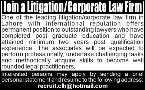 Law Jobs in Lahore 2015 June Lawyers for Litigation / Corporate Law Firm Latest