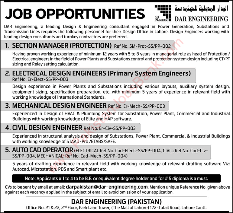 Dar Engineering Lahore Jobs 2015 June Design Engineers, Section Manager & AutoCAD Operator