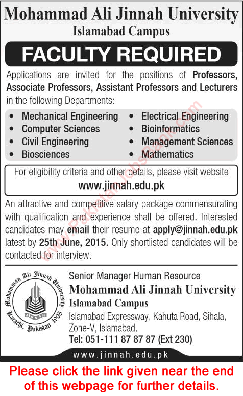 MAJU Islamabad Jobs 2015 June Teaching Faculty for Mohammad Ali Jinnah University Latest