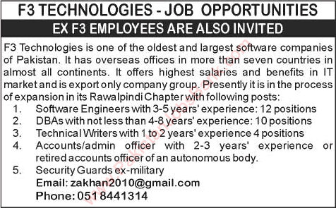 F3 Technologies Rawalpindi Jobs 2015 June Software Engineers, Technical Writers & Others