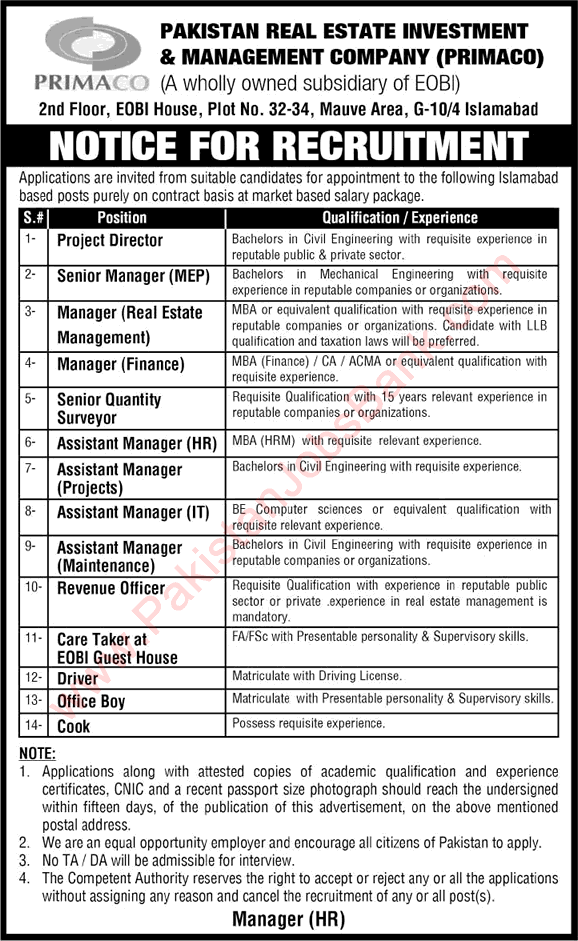 PRIMACO Islamabad Jobs Project Director, Managers, Revenue Officer, Engineers, Surveyor & Other Staff
