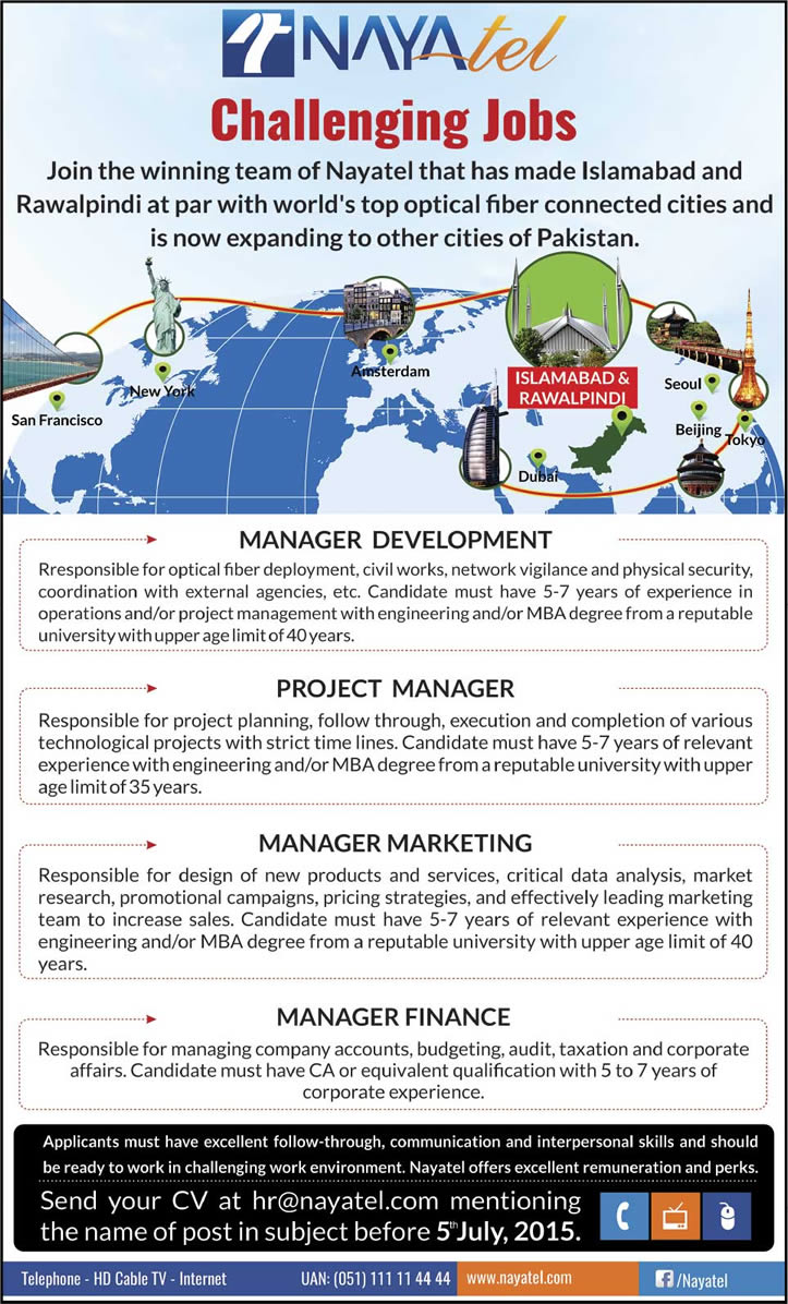 Nayatel Jobs June 2015 for Marketing / Project / Development / Finance Managers Latest