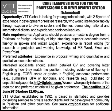 VTT Global Islamabad Jobs 2015 June Young Professionals