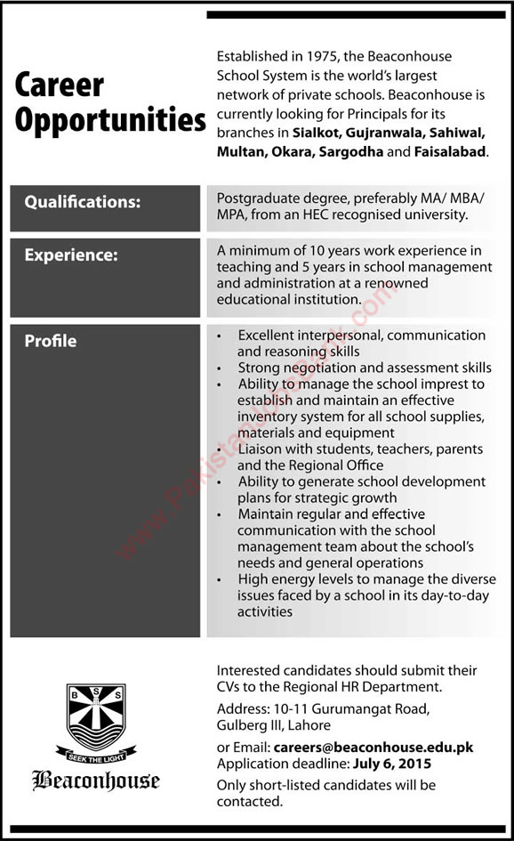 Principal Jobs in Beaconhouse School System 2015 June / July in Various Branches Latest