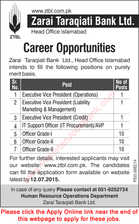 Zarai Taraqiati Bank Limited Jobs 2015 June / July ZTBL Apply Online Executive Vice Presidents & Officers