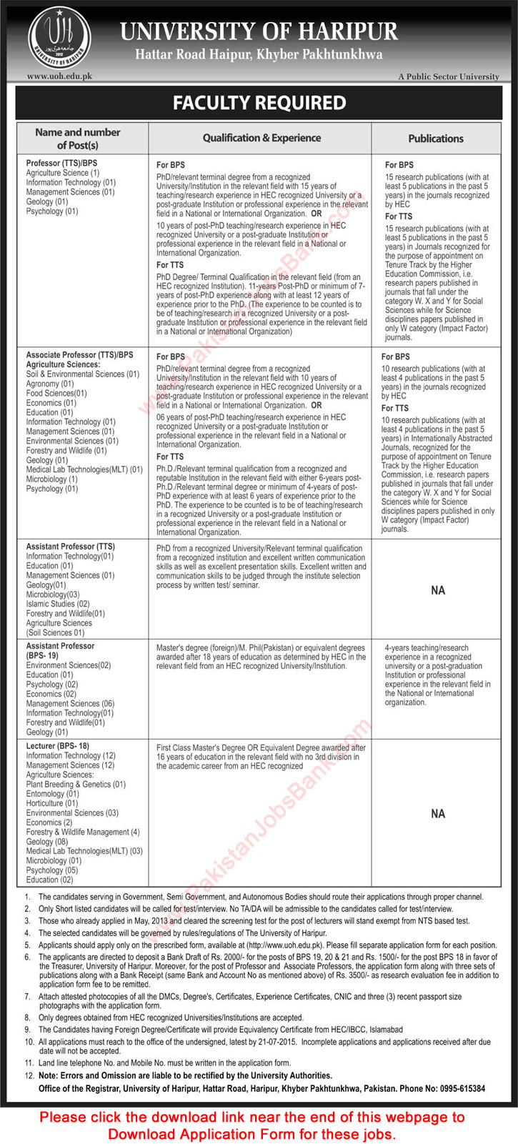 University of Haripur Jobs 2015 July KPK Application Form Download Teaching Faculty Latest