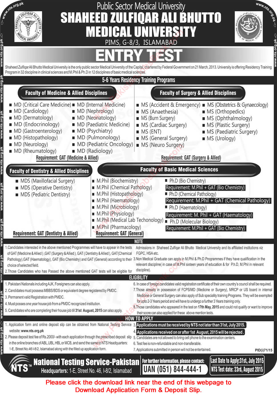 PIMS Residency Program 2015 July NTS Application Form Shaheed Zulfiqar Ali Bhutto Medical University Islamabad
