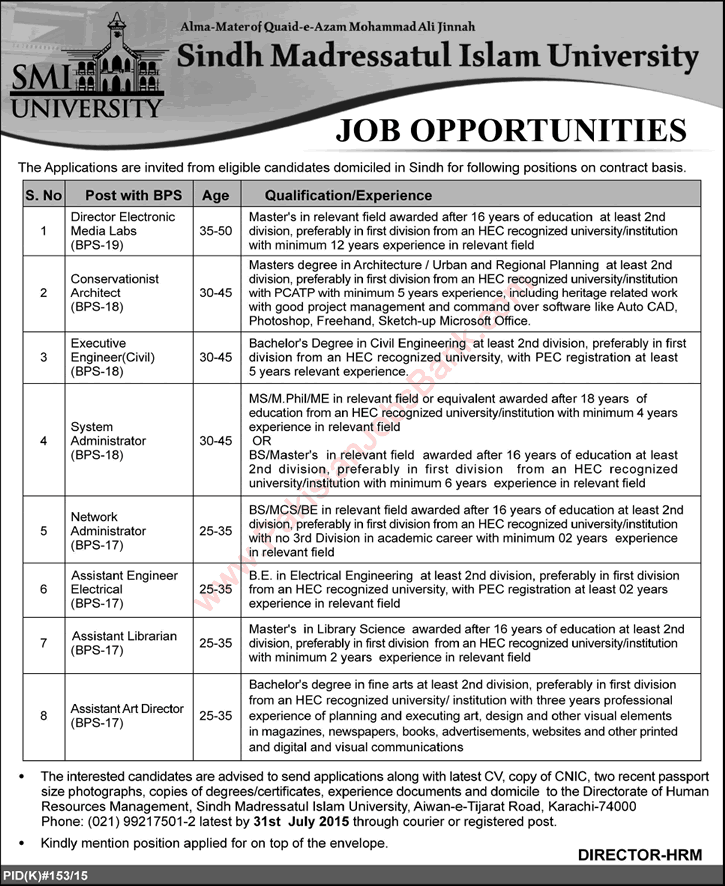 Sindh Madressatul Islam University Karachi Jobs 2015 July System / Network Administrator, Engineers & Others