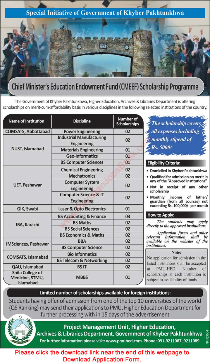 KPK Chief Minister Education Endowment Fund Scholarship Program 2015 CMEEF Application Form