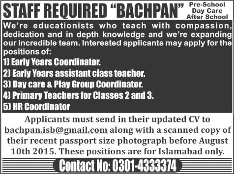 Bachpan Pre-School Islamabad Jobs 2015 August Teachers & Coordinators Latest