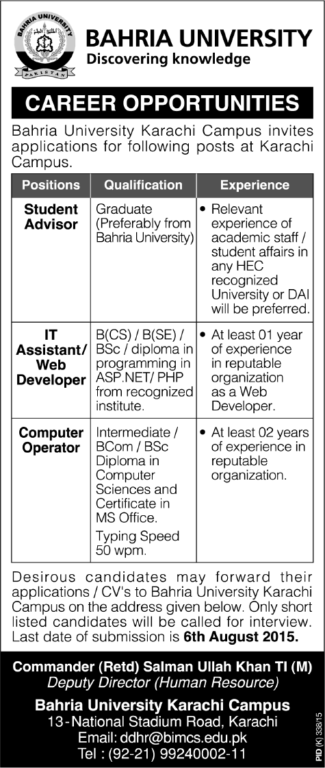 Bahria University Karachi Jobs 2015 August Student Advisor, Web Developer & Computer Operator