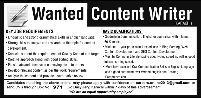Content Writer Jobs in Karachi 2015 August Latest Advertisement
