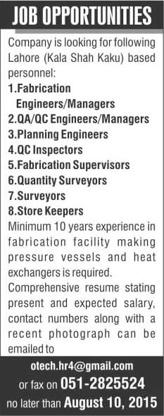 Petrosin Ravi Industries Kala Shah Kaku Lahore Jobs 2015 August Engineers, Surveyors & Store Keepers