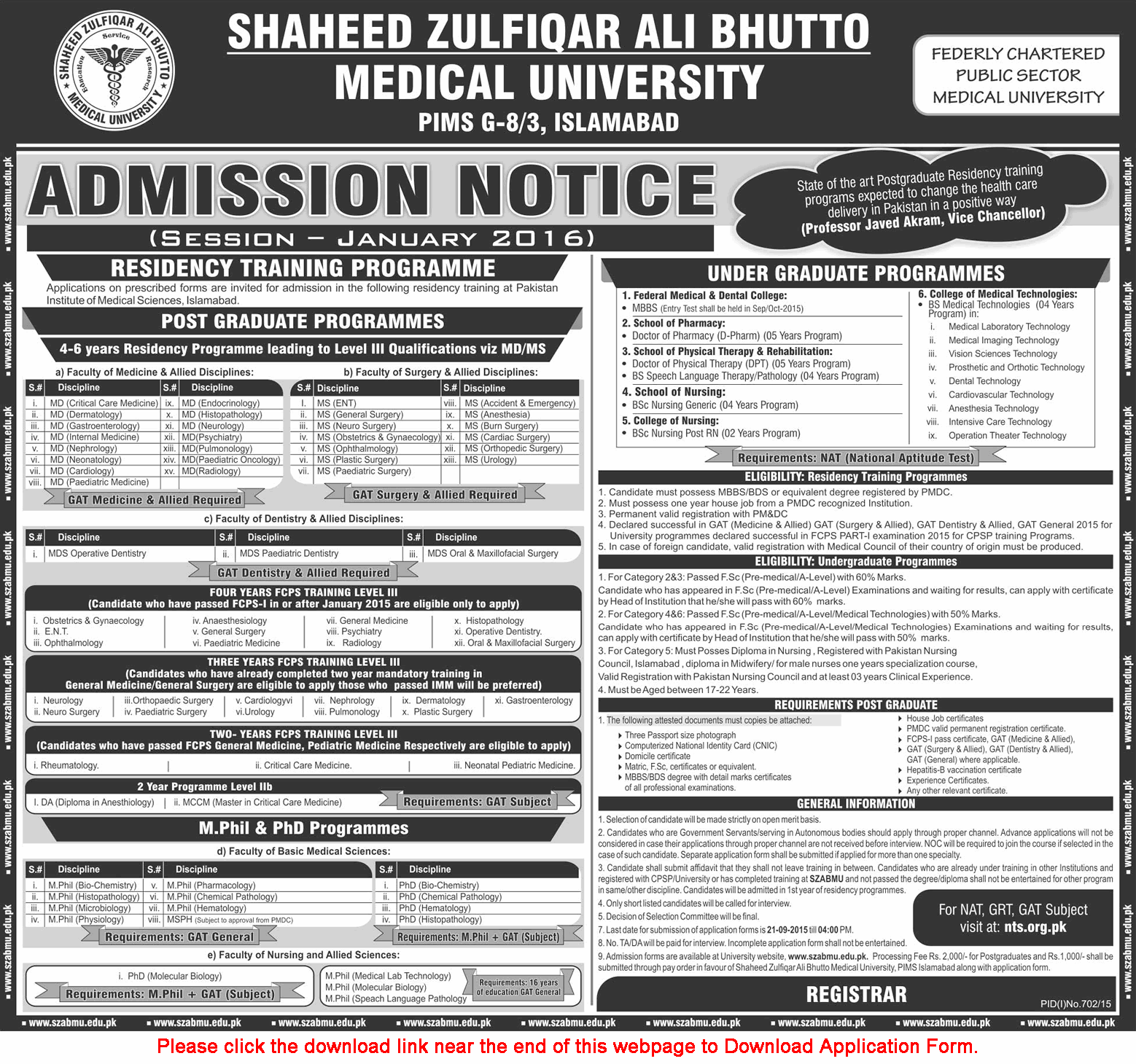 Shaheed Zulfiqar Ali Bhutto Medical University Islamabad Admissions 2015 / 2016 PIMS Application Form Download