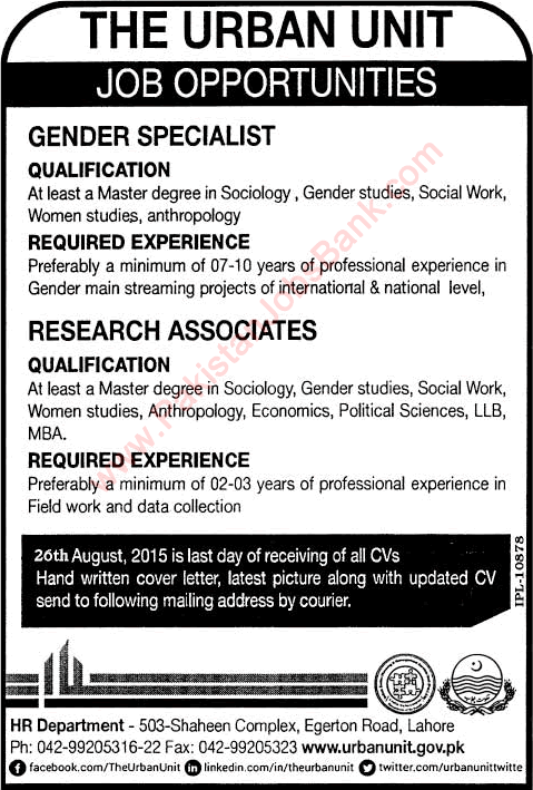 Urban Unit Jobs 2015 August Lahore Gender Specialist & Research Associates Latest
