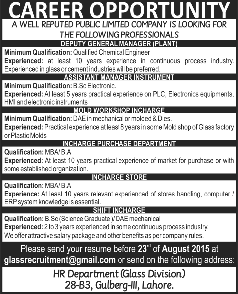 Balochistan Glass Limited Lahore Jobs 2015 August Chemical / Electronics / Mechanical Engineers & Others