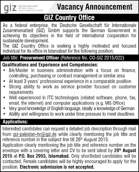Procurement Officer Jobs in GIZ Pakistan 2015 August Islamabad Latest